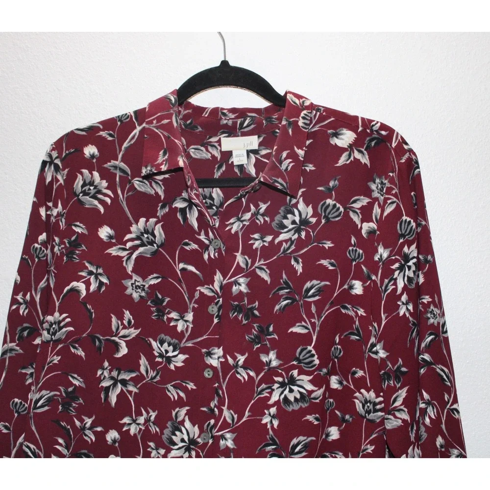 J Jill Womens Burgundy Floral Print Long Sleeve Button Up Shirt Petite L - Picture 2 of 8